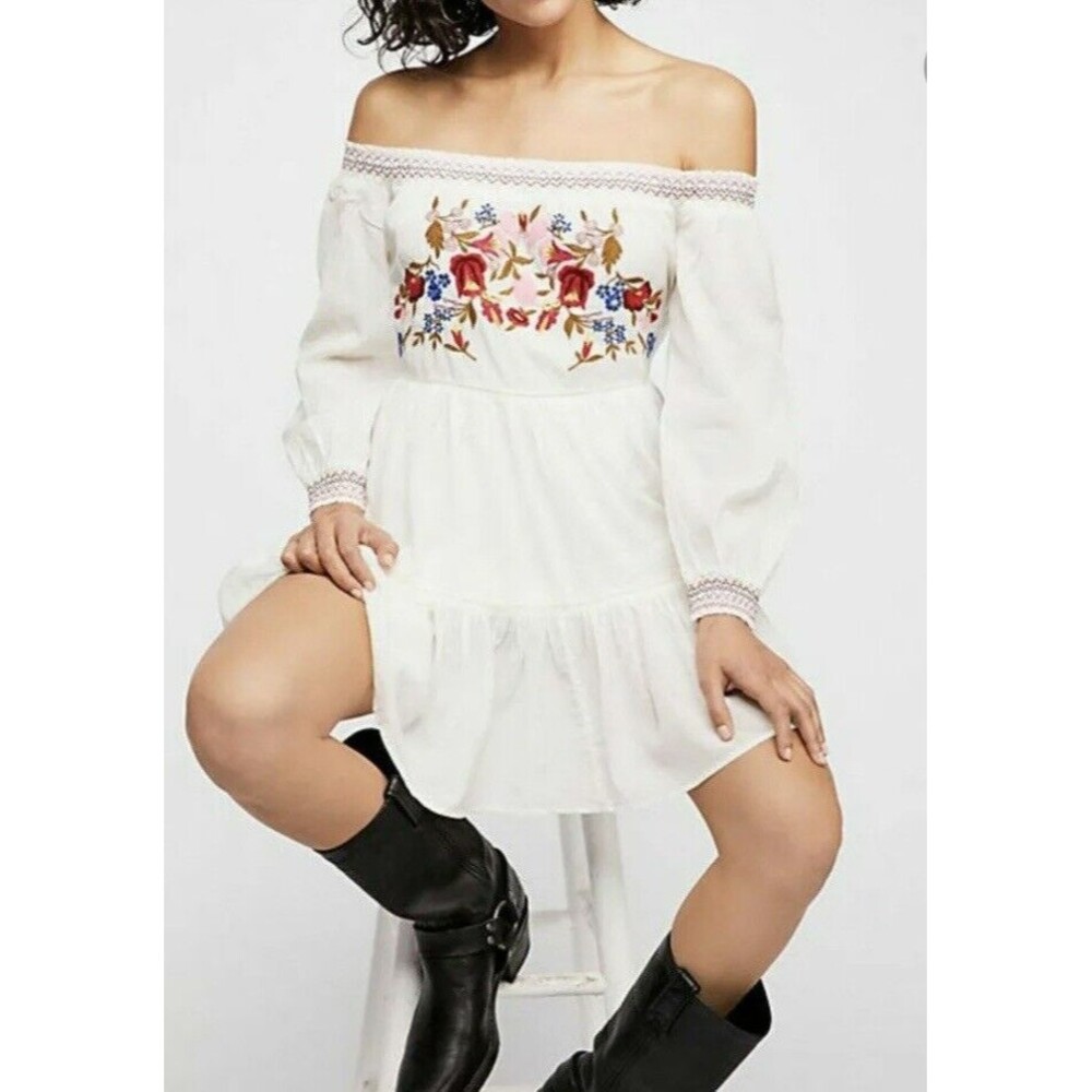 NWT Free People Embroidered Floral Sunbeams Off Shoulder Dress Small Ivory